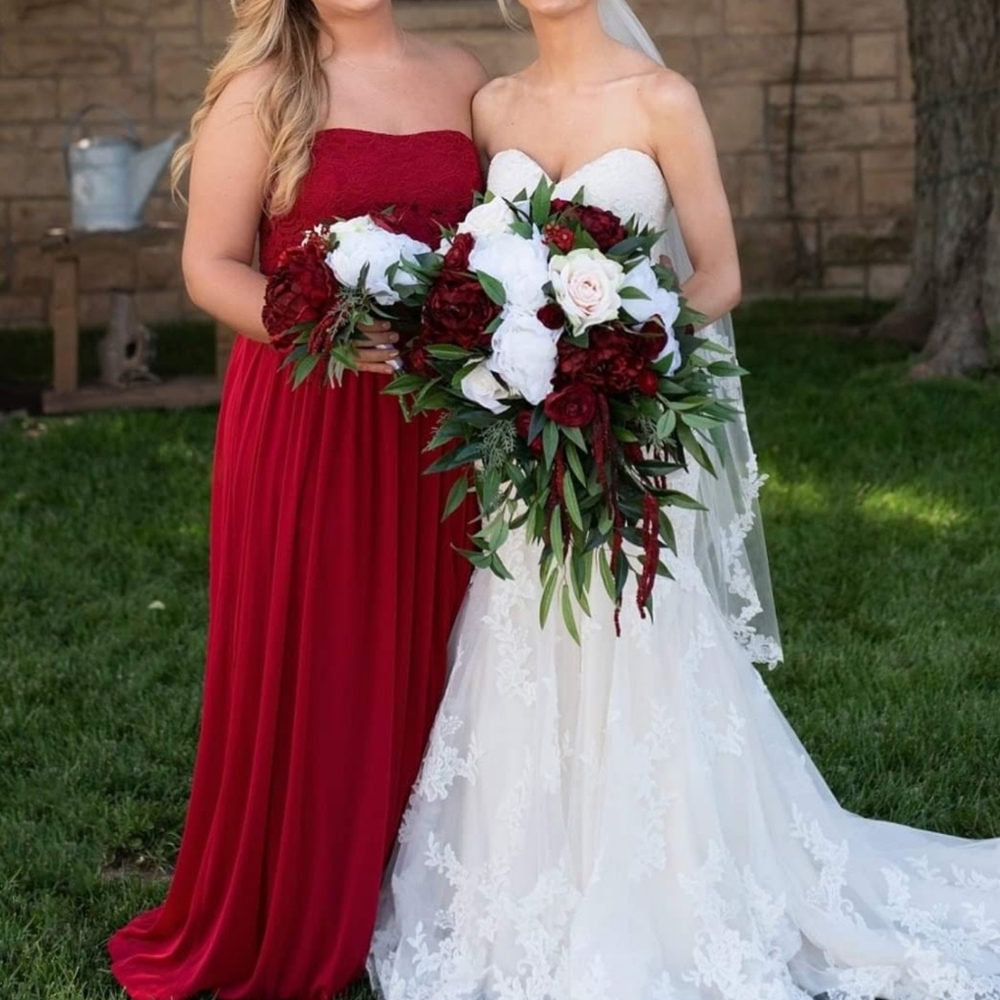 David's Bridal apple red dress with lace